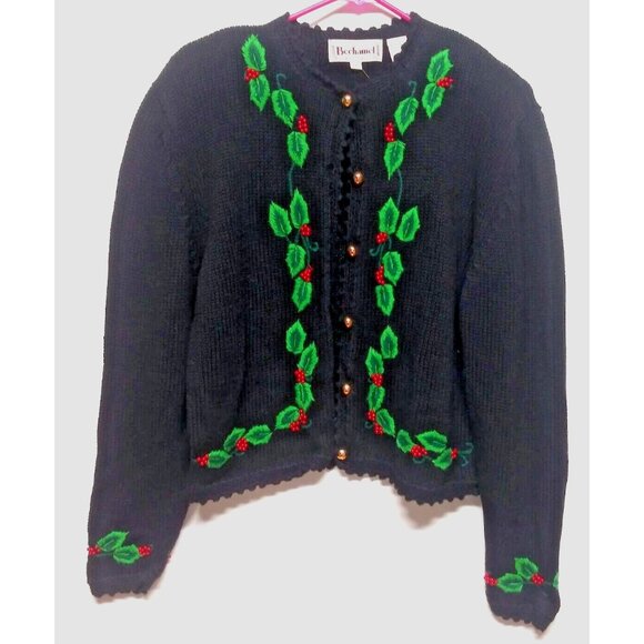 Bechamel Sweaters - Vintage Bechamel Sweater Womens Sz L Christmas Cardigan Black green red long slv